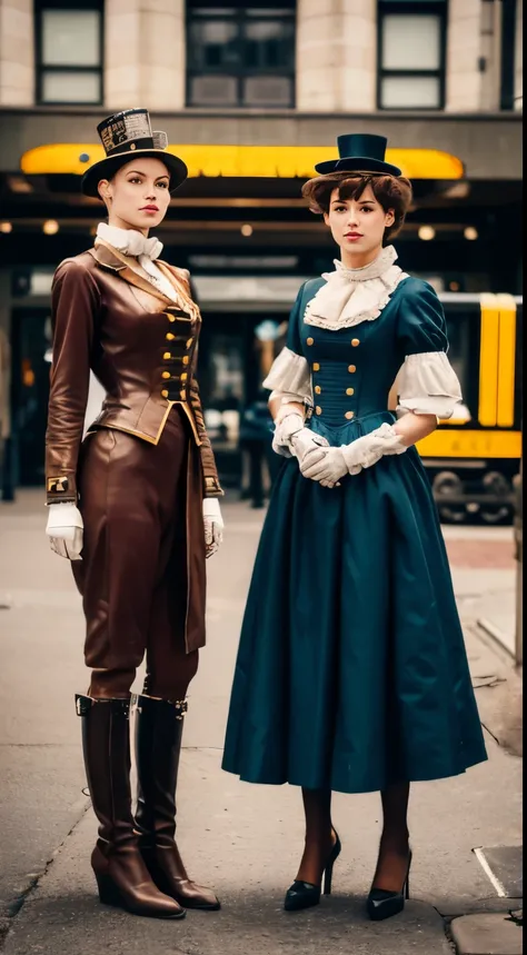 Two robots stand on the street, in detailed steampunk dress, Cinematic style photography, Two Women, Inspired by Jean Thabot, Three Women, terminal, Fish man々, Photo taken in 2008, Ian McCaig, Humanized, 5 0 0 px models, promo photo, 1 9th century photogra...