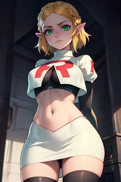 Zelda, green eyes, short hair ,team rocket,team rocket uniform, red letter R, white skirt,white crop top,black thigh-high boots ,black elbow gloves, sinister villianess look, looking down on viewer, arms behind back