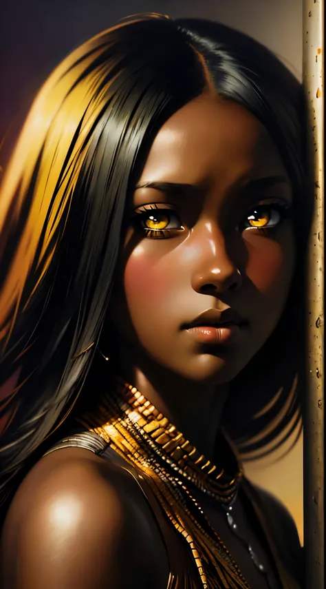 ((Solo Beautiful Carribean woman with dark skin and striking eyes)),  shadowed interior background, art by akihiko yoshida, manga art style, colorfield illustration, scary atmosphere, global illumination, by frank frazetta, art by goro fujita, glamor shot,...