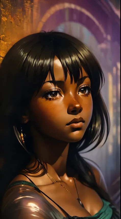 ((Solo Beautiful Carribean woman with dark skin and striking eyes)),  shadowed interior background, art by akihiko yoshida, manga art style, colorfield illustration, scary atmosphere, global illumination, by frank frazetta, art by goro fujita, glamor shot,...