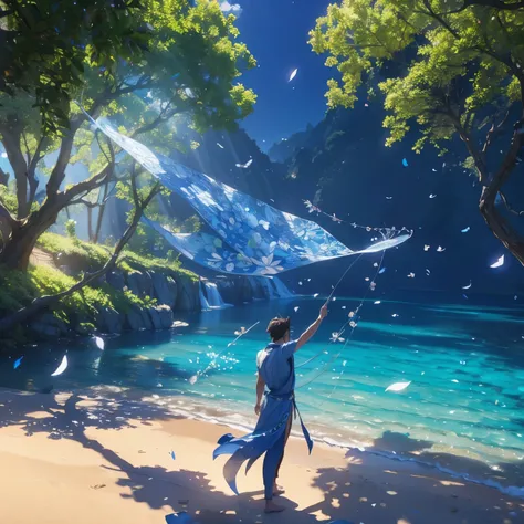 male people,masutepiece, Best Quality, (Very detailed CG Unity 8K wallpaper) (Best Quality), (Best Illustration), (Best Shadows) Nature&#39, Blue Sea,Delicate leaf petals fall into the air rays Tracking, Ultra Detailed - V6