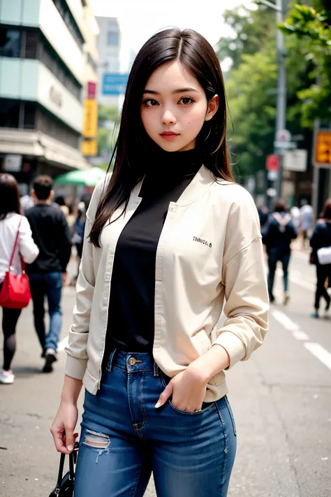 a photo, a girl who was standing in the city, Jakarta city, city streets, busy city atmosphere, early morning, girl, long black hair, green eyes, thin face, wearing a white t-shirt, Wear a light brown jacket, (black trousers), high resolution