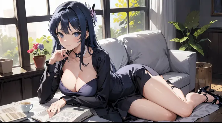 mai sakurajima, hair flower, blue dress, light blue hair,large breasts, sexy,nsfw,
, 1 girl,seductive smile,(1 girl in the photo...