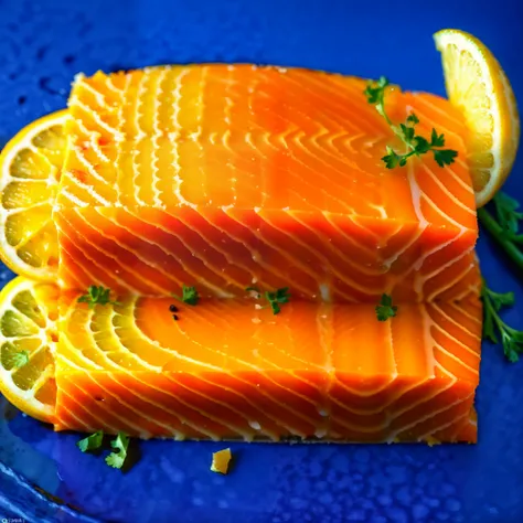 there is a piece of salmon with a lemon on a black surface, salmon, salmon khoshroo, focal point, Super realistic food pictures, SuperiorQuality, f 4. 0, F4.0, Fierce in appearance, Sigma 1/6, half fish, Fishtail, with a calm expression, high detail produc...