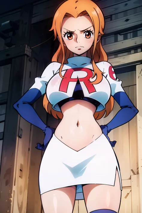 glossy lips, light makeup ,team rocket,team rocket uniform, red letter R, white skirt,white crop top,black thigh-high boots, black elbow gloves, sinister villianess look, looking down on viewer, hands on hips