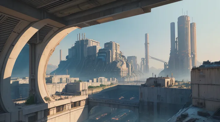 Sci-fi cyberpunk city，Bridges，middle valley crack，Terraced streets，reactor，steel mill，The Car，Sunnyday，industrial architecture，tmasterpiece，Best quality，high detal，hyper realisitc