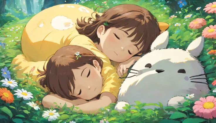 A painting depicting Chihiro and Mei sleeping soundly on Totoros back, with blooming flowers surrounding them.