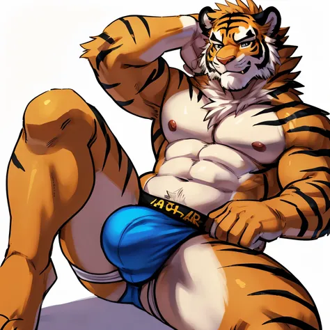 Anthro male tiger, bulge, jockstrap, solo, balls,(art by rossciaco, by seibear, rossciaco and seibear style), explicit art