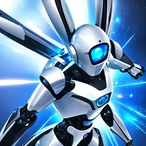 masterpiece, robot, streamlined, iridescent white shiny body, one blue sparkling eye