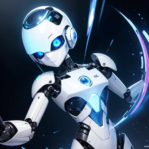 masterpiece, robot, streamlined, iridescent white shiny body, one blue sparkling eye