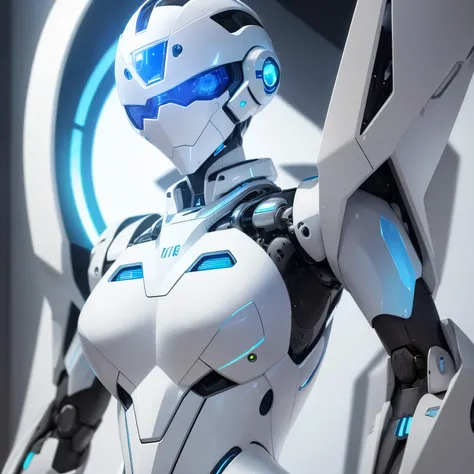 masterpiece, robot, streamlined, iridescent white shiny body, one blue sparkling eye