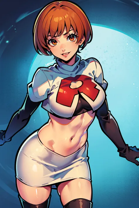 satonaka chie ,glossy lips, light makeup ,team rocket,team rocket uniform, red letter R, white skirt,white crop top,black thigh-high boots, black elbow gloves, evil smile