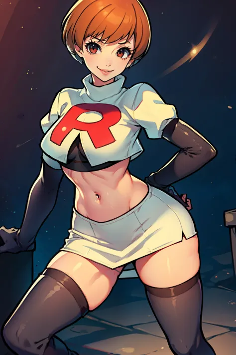 satonaka chie ,glossy lips, light makeup ,team rocket,team rocket uniform, red letter R, white skirt,white crop top,black thigh-high boots, black elbow gloves, evil smile