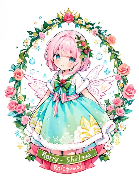 pastel color: 1.5), (Cute illustration: 1.5), (watercolor paiting: 1.2), snow white background, girl, The upper part of the body, Smile, pale white, Moya, marble, Colorful, jello, sweets, girl、christmas rose、christmas roseガール、Beautiful girl、(christmas rose...