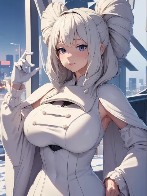 {{{best quality}}}, {{ultra-detailed}}, {illustration},{{{masterpiece}}}, japanese manga 「white suit woman」image illustlation,(hugebust upper body style:1.6),4K,8K,hyper digital art,beautiful woman,beautiful winter city background,say hello alien,musical s...