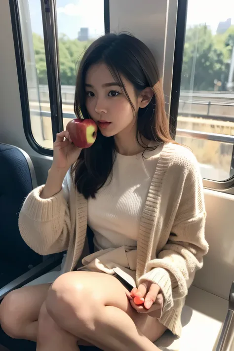 eating apple，girl，On the train，围巾，