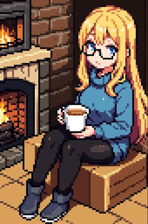 1woman, ombré blonde balayage hair, beautiful blue eyes, freckled face, beautifully detailed face, circle glasses, sweatshirt, seamless black leggings, fuzzy faux fur ugg boots, log cabin by fire place background, full body portrait.