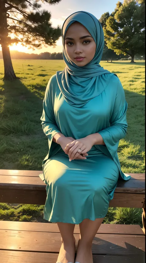 RAW, Best quality, high resolution, works: 1.3), Malay beautiful woman in hijab, Masterpiece, perfect fit body, big breasts, big beautiful eyes, Soft smile, beautiful face, woman sitting at a table in a green meadow, traditional beauty, moment sunset, in t...