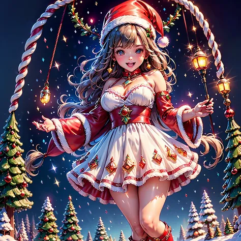 A 5-year-old opening_a_Christmas_gift Santa-Claus_singing_with_a_microphone many_syllables deep path equirectangular Christmas_tree elegant_wrapping bokeh studio_lighting painting_texture magic_atmosphere bright_colors happiness joyful eyes excitement spar...