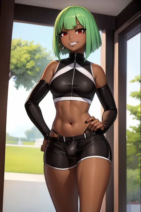 (solo:1.1),(masterpiece), (best quality:1.3), highly detailed, intricate, professional art, digital art, absurdres, emerald sustrai, 1girl, solo, dark skin, green hair, bob hair, smirk, gold hoop earrings, ab lines, detailed stomach, red eye colour, dark s...