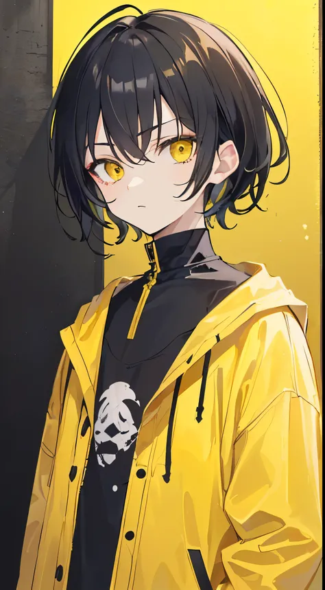 ((Best Quality)), ((masutepiece)), ((Perfect face)), ), ((cool expression)), ((A dark-haired)), ((Yellow inner color)), ((Boy with a cute face)), ((Black, Yellow is the image color)),  ((Face photo upload only)),  ((twinks)), ((Calm)), ((bangss)), ((despis...