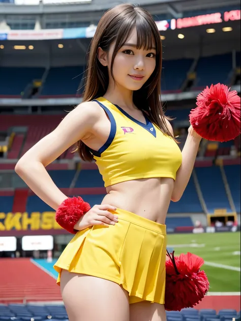 Ala Fed Asian cheerleader holding pom pom in stadium, gros-plan, gros-plan,  Photo, Anime , Small breasts, RAW Photo, Best Quality, High resolution, (masutepiece), (Photorealistic:1.4), professional Photography, Sharp Focus, nffsw, 8K resolution, Intricate...