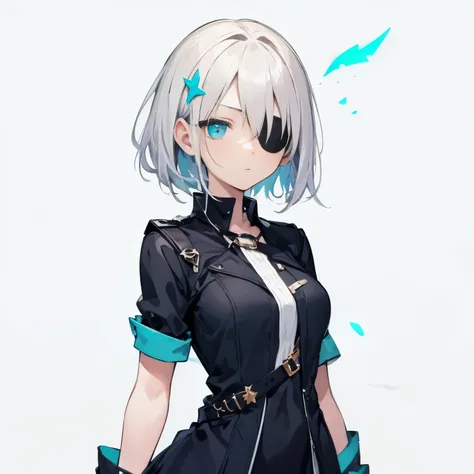 【Highest Quality, masutepiece】 [1 girl,(black eyepatch:1.3) ,Manteau, expressioness, front facing,(turquoise eye:1.3), White hair, short cut hair , oversize jacket, breast, Upper body]