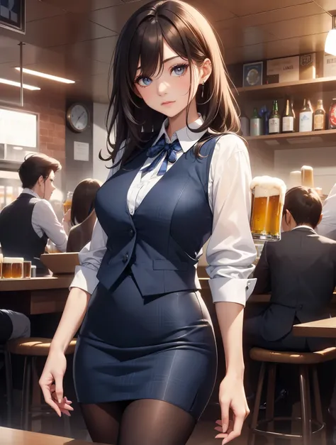 Best Quality, masutepiece, beautiful mature women、Beautiful face、Strong-minded woman、Officelady、(Officelady、navy blue plaid vest、Dark blue ribbon、White cutter shirt、Tight black pencil skirt、Black tights、high-heels:1.5)、(brown haired、Bangs are asymmetrical)...