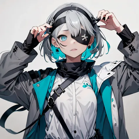 【Highest Quality, masutepiece】 [1 girl, (left eye black eyepatch:1.3) ,Manteau, expressioness, front facing,(right turquoise eye:1.3), White hair, short cut hair,oversize jacket,Happy, Upper body,]  (Gray white background:1.5),