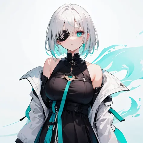 【Highest Quality, masutepiece】 [1 girl,(black eyepatch:1.3) ,Manteau, expressioness, front facing,(turquoise eye:1.3), White hair, short cut hair , oversize jacket, breast, Upper body]