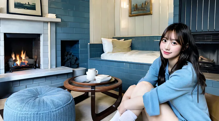 18 year old blue miniskirt high school girl、The fireplace is burning indoors