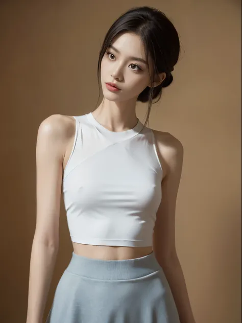 (Photorealistic),(Masterpiece),(ultra-detailed),a shot of very beautiful and tall but so delicate and weak and thin and fragile because she hasn’t eaten for a month,wearing a sweat crop tank top and a loose skirt ,have absolutely no fat and muscles, quite ...