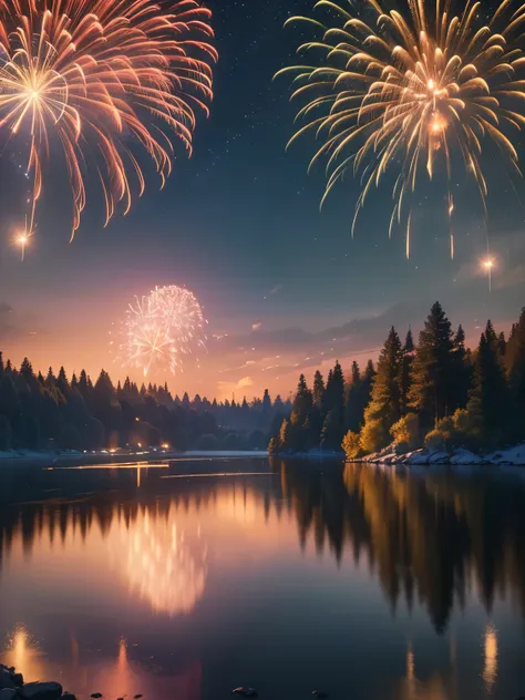 (best quality,4k,8k,highres,masterpiece:1.2),ultra-detailed,(realistic,photorealistic,photo-realistic:1.37),vivid colors,bokeh,HDR,UHD,studio lighting, fireworks display over a lake