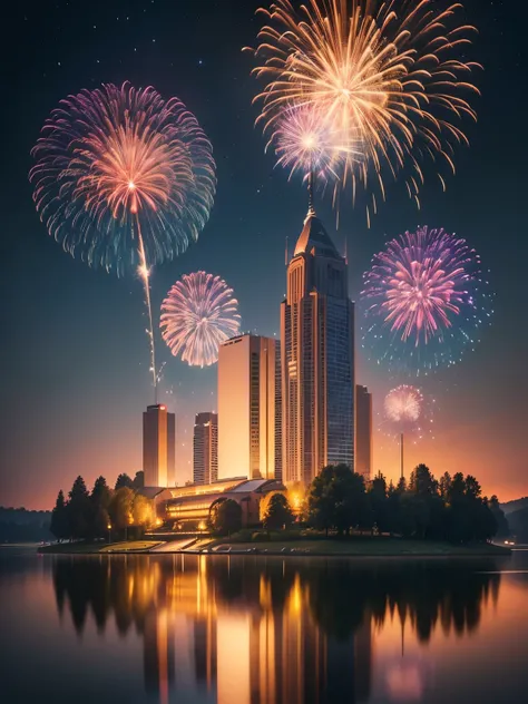 (best quality,4k,8k,highres,masterpiece:1.2),ultra-detailed,(realistic,photorealistic,photo-realistic:1.37),vivid colors,bokeh,HDR,UHD,studio lighting, fireworks display over a lake