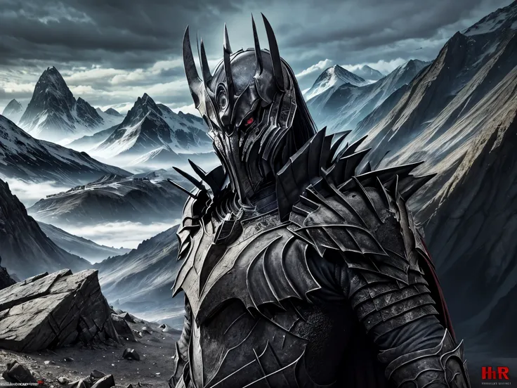 sauron, lord of the rings, war land, war background, dead bodies, black iron armor, body armor, mountain in background,dark back...