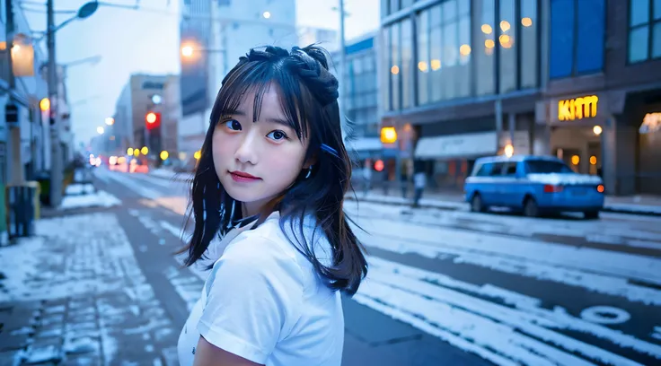 18 year old high school girl wearing a blue miniskirt and white shirt.、The background is a snowy city