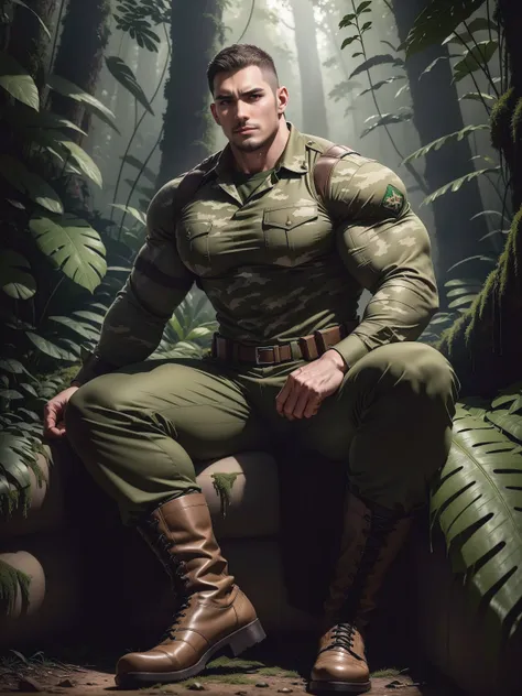 tall giant muscular man sitting in the forest，khaki camouflage military uniform，character  design（resident evil - chris redfield...