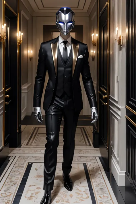 Robot wearing Butlers suits, (detailed black suits), (detailed white shirts), detailed neck-tie, (detailed robot face), detailed robot hands, detailed robot head, (detailed metallic skin:1.2), in Entrance hall of the mansion, full body shot