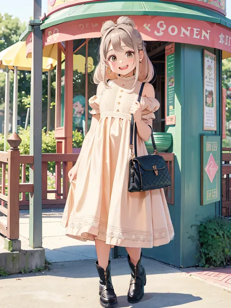 Detailed background、top-quality、beautiful teenage girls、An amusement park、Cute hairstyle、huge-breasted、Laughing、Ladylike knitted dress style、Choosing a midi length knitted dress、Emphasize the silhouette、Align your feet with tall boots or loafers