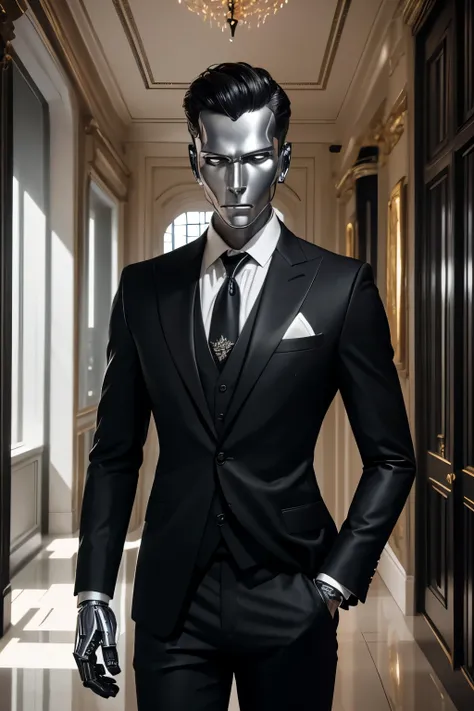 Robot wearing Butlers suits, detailed black suits, detailed white shirts, detailed neck-tie, (detailed robot face), detailed robot hands, detailed robot head, detailed metallic skin, in Entrance hall of the mansion, full body shot