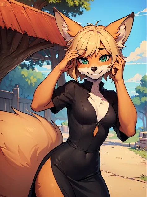 (masterpiece:2), expressive eyes, perfect face, correct anatomy, (furry:1.2), (anthro:1.3), furry female fox, (black dress, pose...