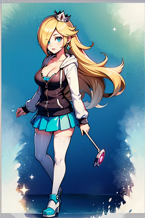 rosalina,skirt,thigh-highs, floating, hoodie, cleavage