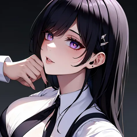 Upper body and head, yandere, bottom angle, attention to handsome woman, perfect handsome female solo, solo woman, lightly twisting hair next to ear, hairpin, black hair, beautiful face, crazy, perfect hands, lavender eyes, uniform ,white shirt,black blaze...