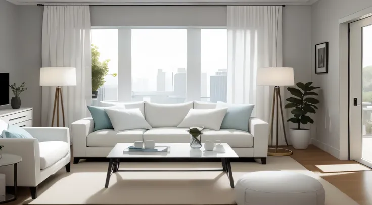 Modern living room with white furniture、soft pads、Picture has no borders、The soft morning light shines through the window、hyper HD、retinas、super detailing、high high quality、A high resolution、16k、Premium gray、desks、sofe