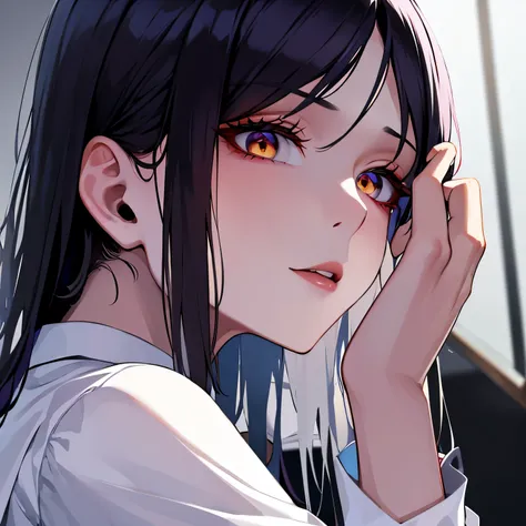 Upper body and head, yandere, bottom angle, focus on a handsome woman, perfect handsome female solo, solo woman, medium hair, parted bangs, lightly twisting the hair next to the ear, hairpin, black hair, beautiful face, crazy, perfect hands, lavender eyes,...