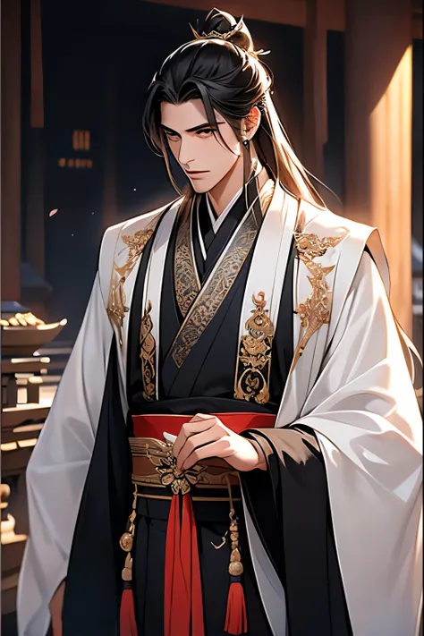 a man in a black hanfu，the only person，hanfu，longer sleeves，wide sleeves，asian architecture interior，