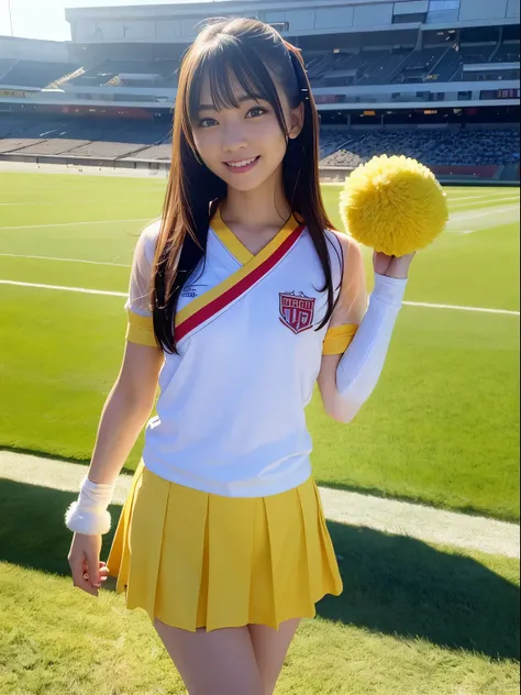 Ala Fed Asian cheerleader holding pom pom in stadium, gros-plan, gros-plan,  Photo, Anime , Small breasts, RAW Photo, Best Quality, High resolution, (masutepiece), (Photorealistic:1.4), professional Photography, Sharp Focus, nffsw, 8K resolution, Intricate...