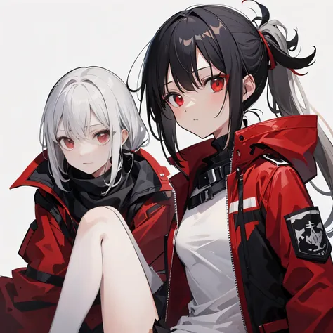 (masutepiece:1.2, Best Quality),  [1 girl, expressioness, oversized red coat, Black hair, Low ponytail, Red Eyes, body harnesses,black military uniform, black skirt, Jacket is taken off, ] (Gray white background:1.5),