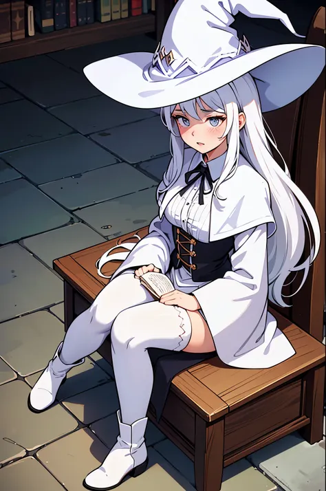 1woman, long hair, white hair, mature, parted lips, blush, sitting, witch hat, witch robe, library,  light rays, glow,  white st...