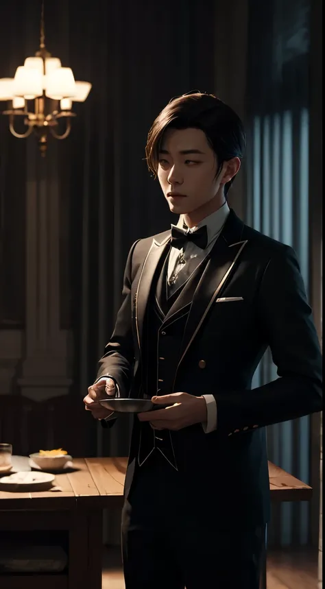 Robot butler，tailcoat，Pan，Super meticulous，super-fine，Hyper-realistic，tmasterpiece，OC rendering，电影灯光，cinematic perspective